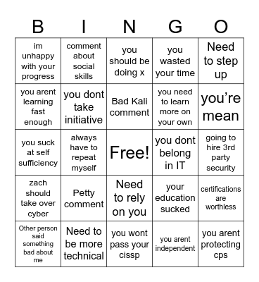 Work makes me sad Bingo Card