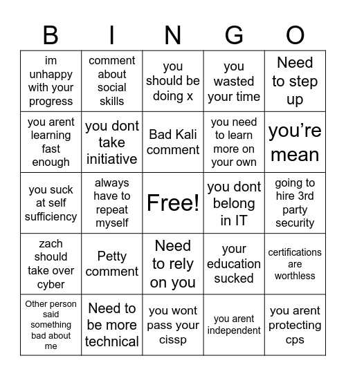Work makes me sad Bingo Card