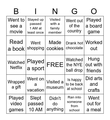 Back to School Bingo- Winter Break addition Bingo Card