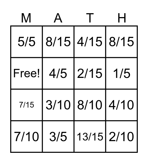 Add and Subtract Fractions: Like/Unlike Denominators Bingo Card