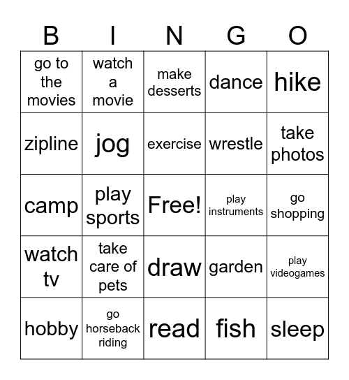 Los pasatiempos / las aficiones Bingo Card