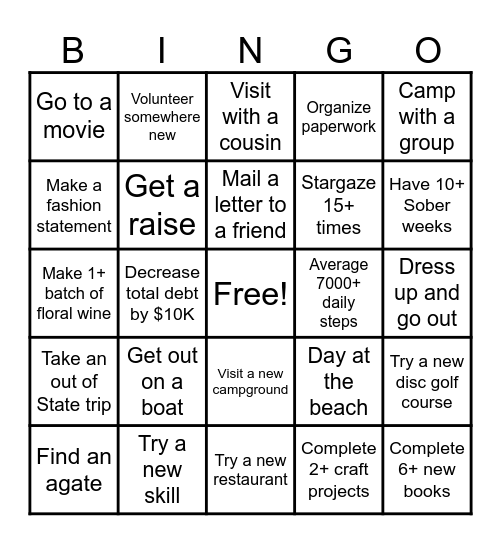 2025 Goals Bingo Card