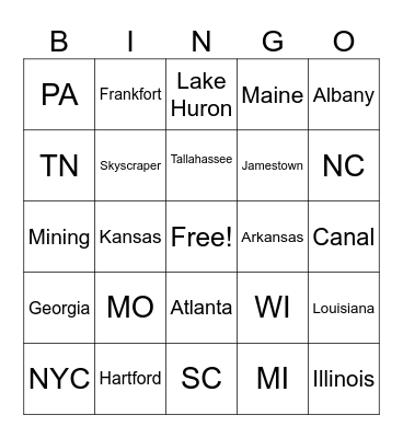 NE, SE, and Midwest States Bingo Card