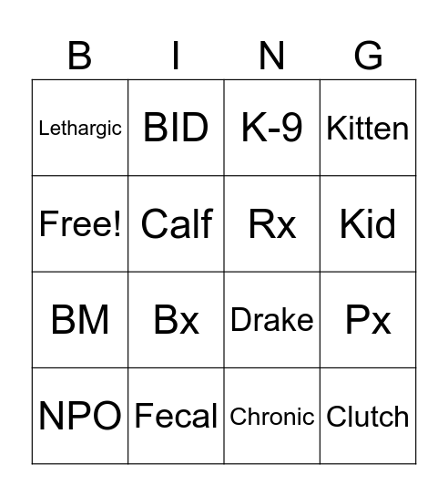 Vet Med Terms Bingo Card