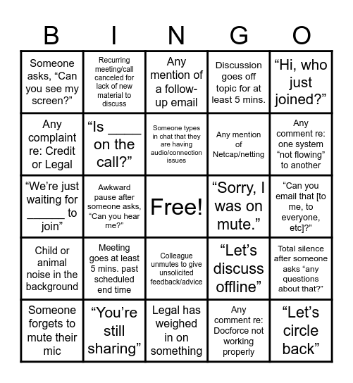 TEAMS CALL BINGO!! Bingo Card
