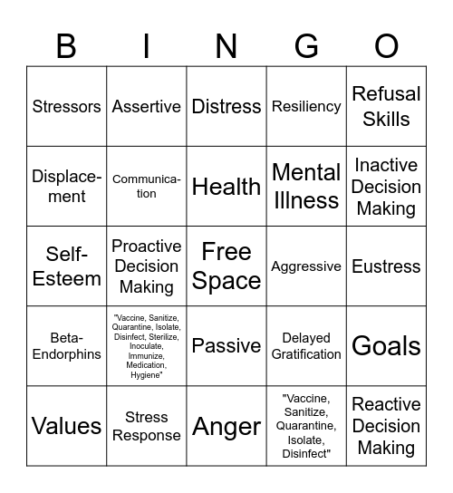 Health Vocabulary Words Bingo Card