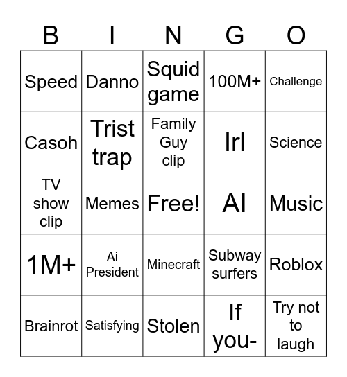 YT shorts Bingo Card