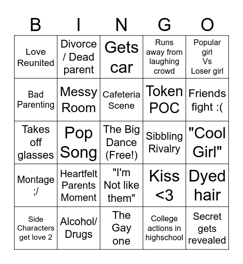 Highschool coming of age chick flicks Bingo Card