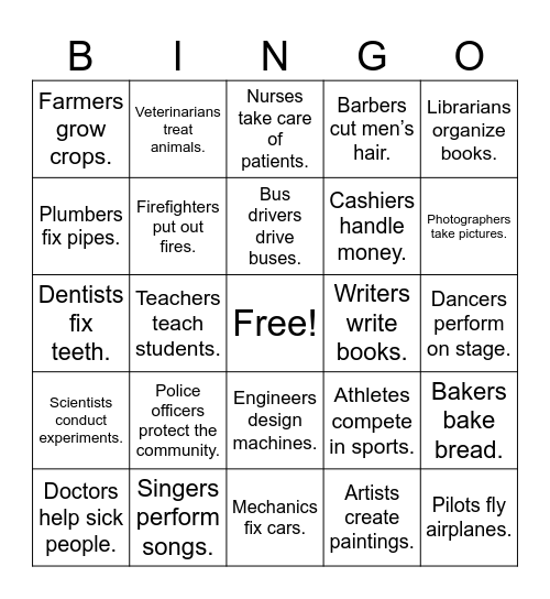 Jobs--Doctors help sick people Bingo Card