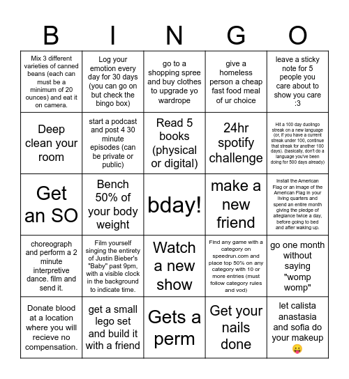 kaleb Bingo Card