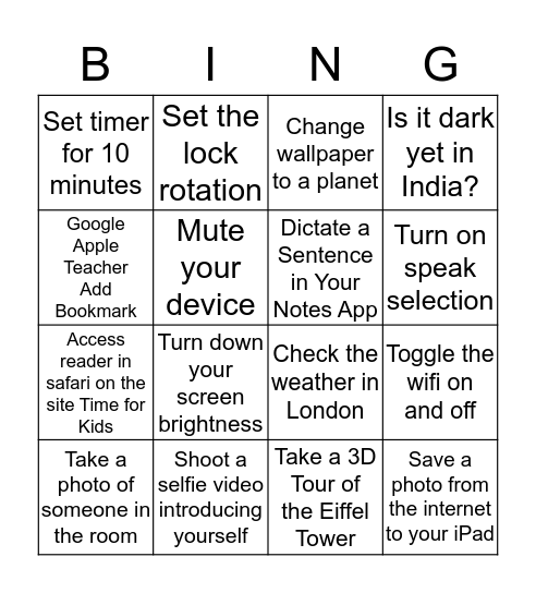 Ipad Exploration Bingo Card
