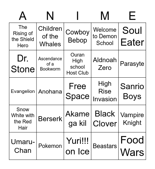Anime Bingo Card