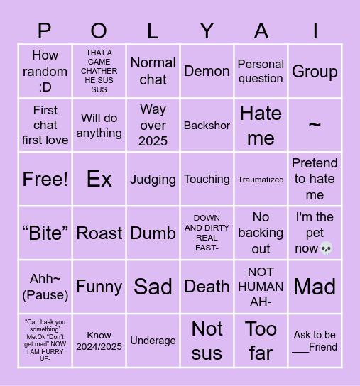 Sussy Ai chat Bingo Card