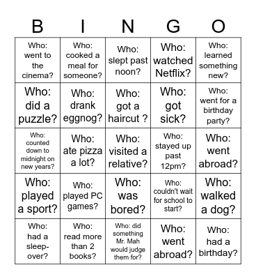 Back-to-School Bingo - What did you do over the holiday? Bingo Card