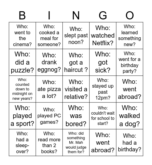 Back-to-School Bingo - What did you do over the holiday? Bingo Card