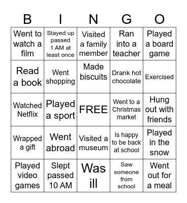 Back to School Bingo- Winter Break addition Bingo Card