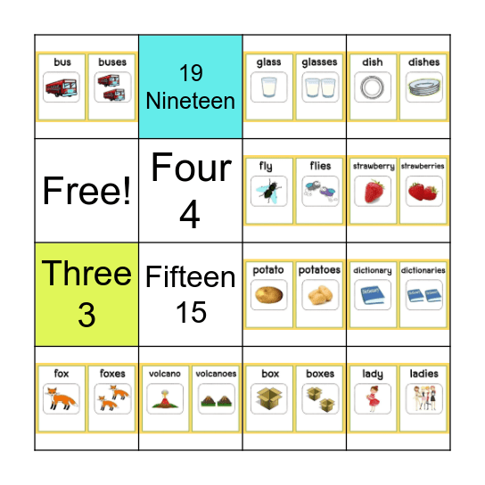 Bingo plural and numbers 1-20 Bingo Card