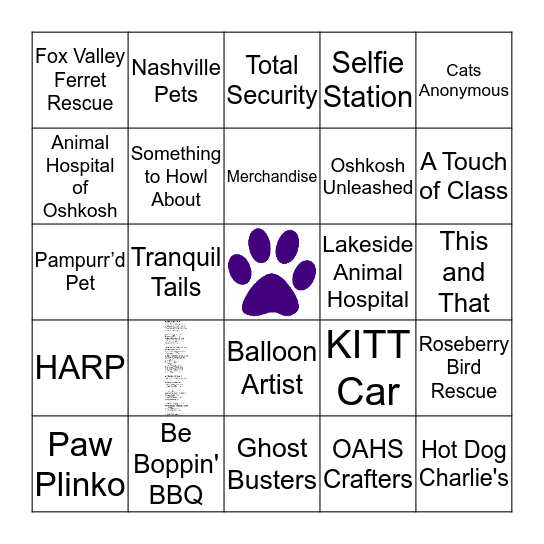 Walk for the Animals Bingo Card