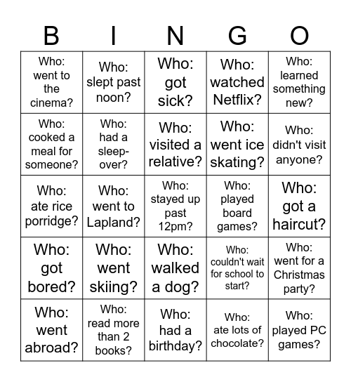 Back-to-School Bingo - What did you do over the holiday? Bingo Card