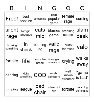 gamer rage Bingo Card