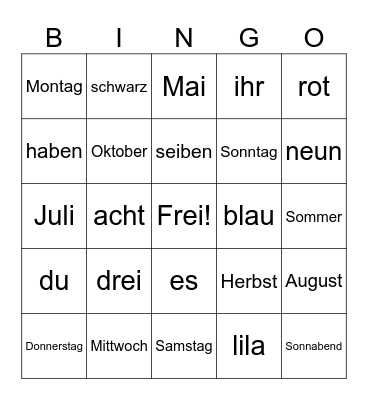 German I Vocab Review Bingo Card