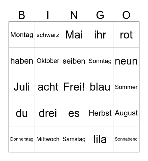 German I Vocab Review Bingo Card