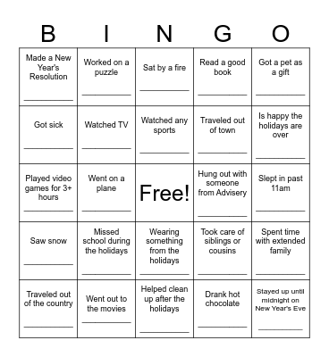 Welcome Back Bingo Card