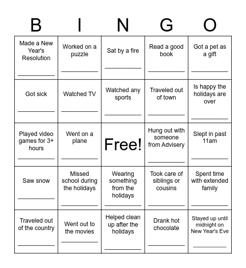 Welcome Back Bingo Card