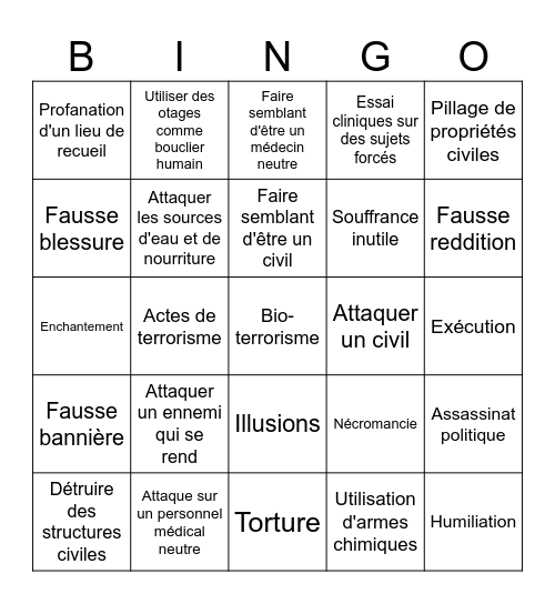 Bingo Crimes de guerre Bingo Card