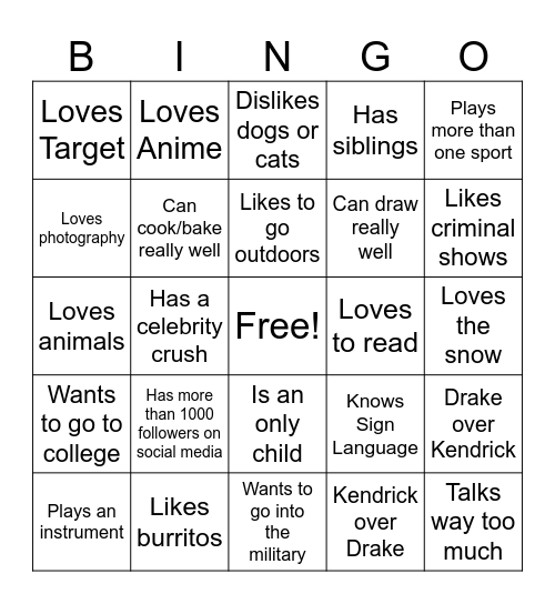 Student Bingo! Bingo Card