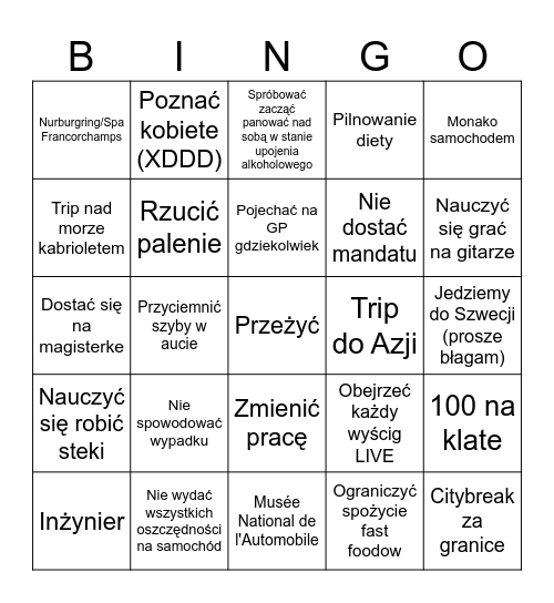 2025 kurwa goals Bingo Card