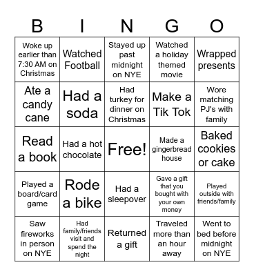 Winter Break Bingo Card