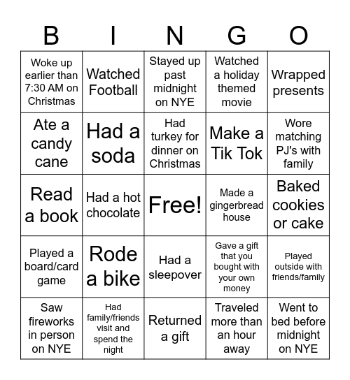 Winter Break Bingo Card
