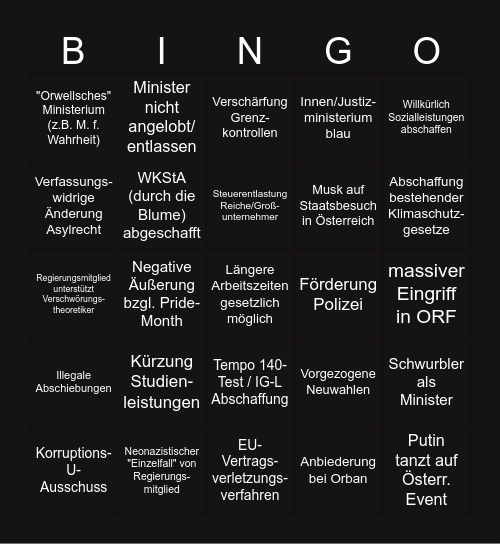 FPÖVP-Regierung Bingo Card