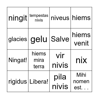 Latin Snow Vocabulary Vinco Bingo Card