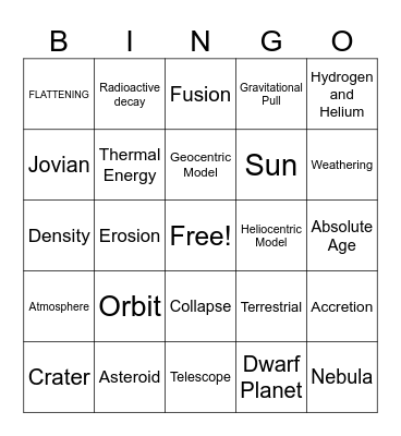 HMH Earth in the Solar System Bingo Card