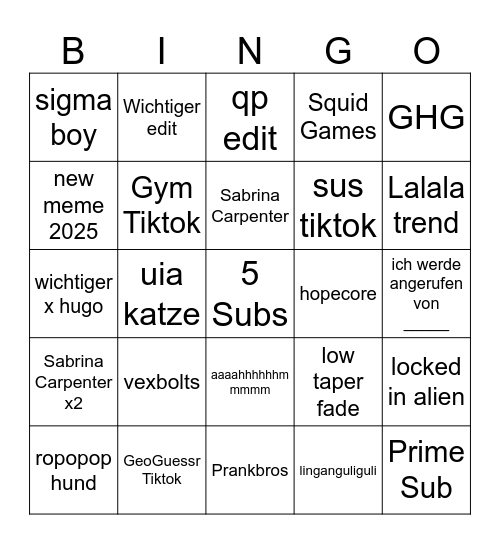 WICHTIGER TIKTOK BINGO #1 Bingo Card