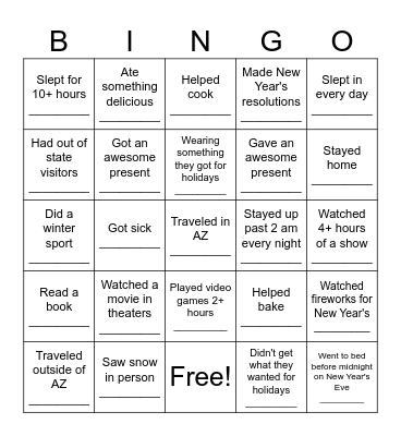 Winter Break Bingo Card