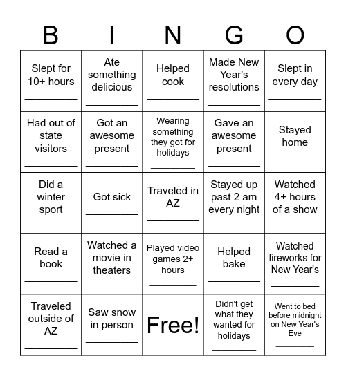 Winter Break Bingo Card
