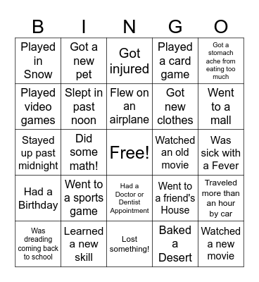 Winter Break Update Bingo Card
