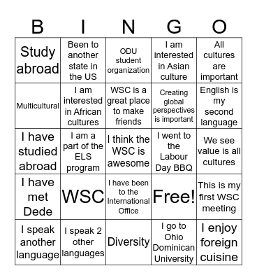 World Student Club Bingo Card