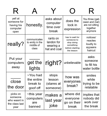 Mr raynor first day back of 2025 bingo Card