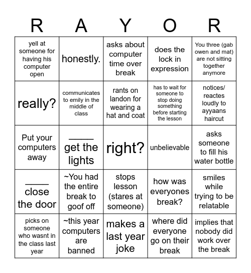 Mr raynor first day back of 2025 bingo Card
