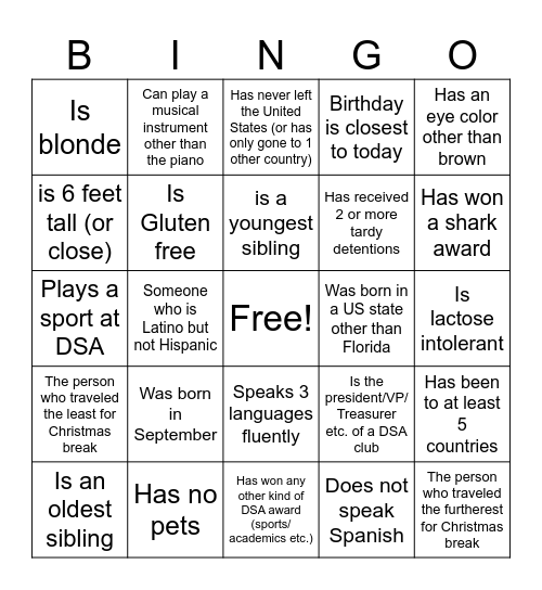 Initials of a person that fits the description Bingo Card