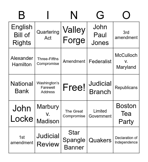 Semester Review Bingo Card