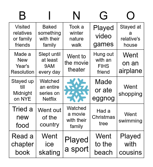 Human Bingo - Winter Break Edition Bingo Card