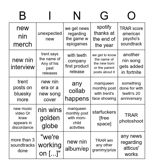 nine inch nails 2025 Bingo Card