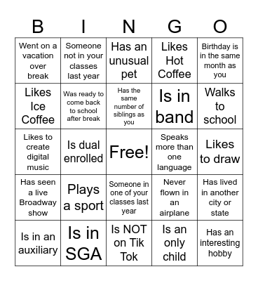 High School Classmate Bingo Card