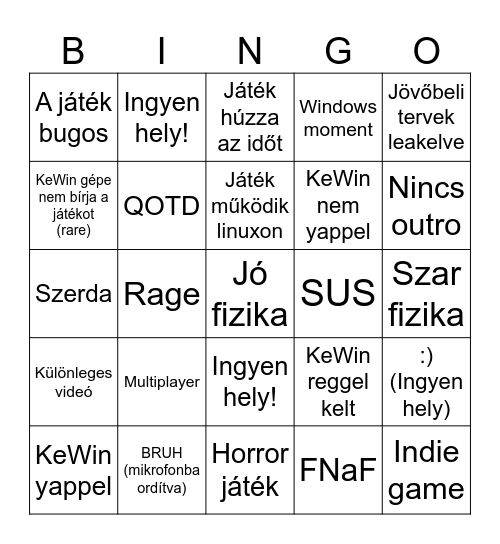 KeWin videó Bingo Card