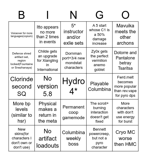 Genshin 2025 Bingo Card